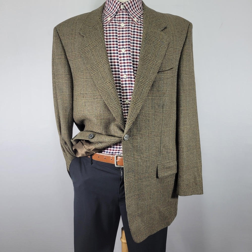 Brandini Le Collezioni Mens Sport Coat Two Button Brown Plaid Silk Wool Size 44L